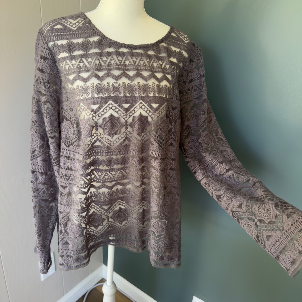 Garnet Hill Womens XL Purple Lace Sheer Long Sleeve Mesh Blouse Geometric Floral
